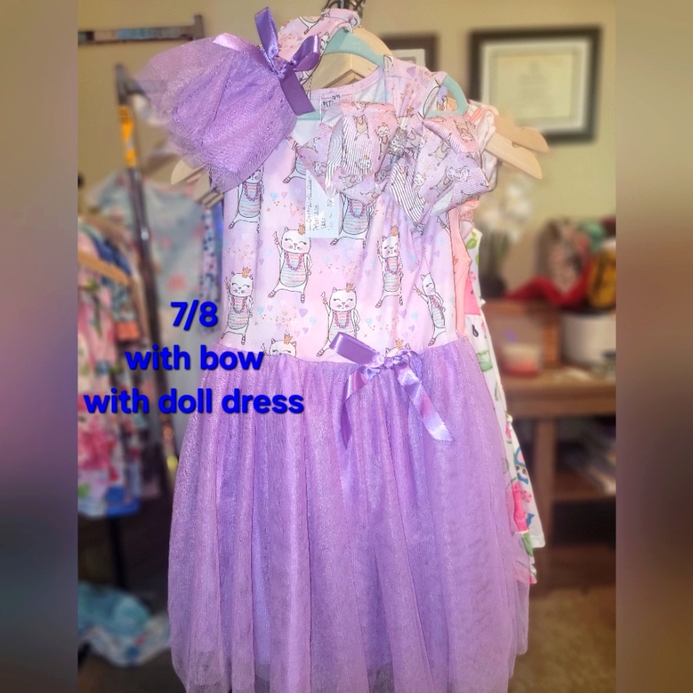 7/8 girls dress, matching bow and doll dress